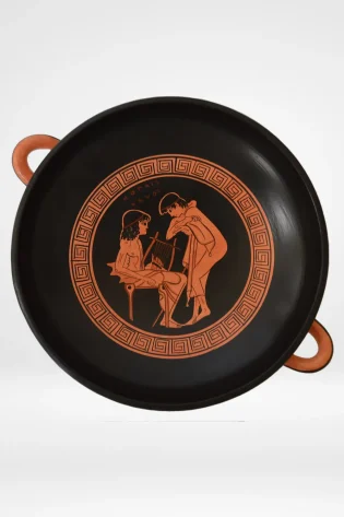greek pottery hand made replica red figure kylix dionysos stables lyre player horses sjs designs prf 001