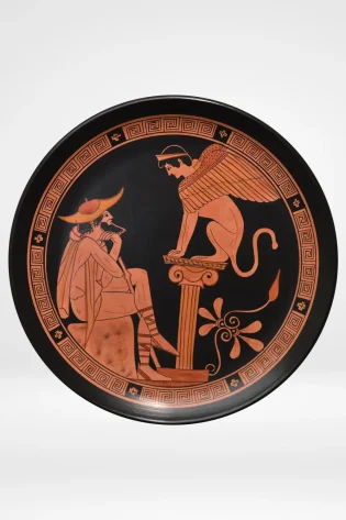 greek pottery hand made replica red figure wall plate oedipus and the sphinx sjsdesigns prf 008