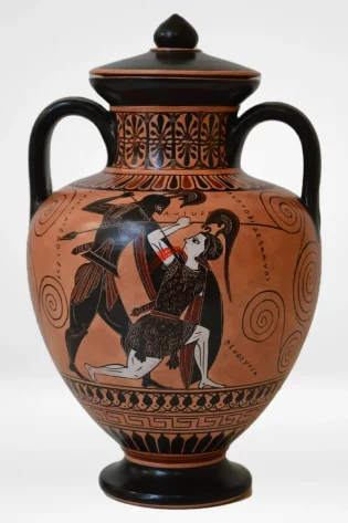 35cm black figure neck amphora achilles fighting penthesilea greek pottery hand made replica sjs pbf 008