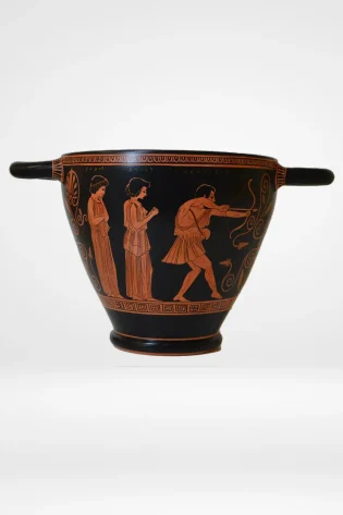 greek pottery hand made replica red figure skyphos odysseus slaying the suitors sjs prf 014